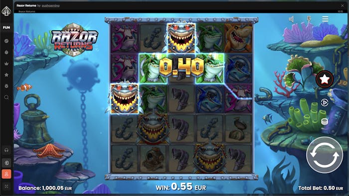 Razor Returns slot game screen showing a winning combination of sharks and other underwater symbols with a displayed win of 0.40 EUR.