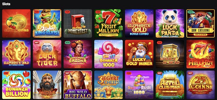 Rollero online casino games selection showcasing a variety of slot titles, including Crown Coins, Moneyfest, Sweet Bonanza 1000, Aloha King Elvis, and Legacy of Dead, with colorful graphics and bonus features.