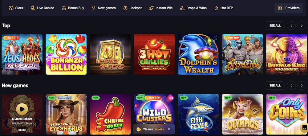 Rollxo casino pokies section featuring popular games like Zeus vs Hades: Gods of War, Bonanza Billion, Legacy of Dead, and 3 Hot Chillies.