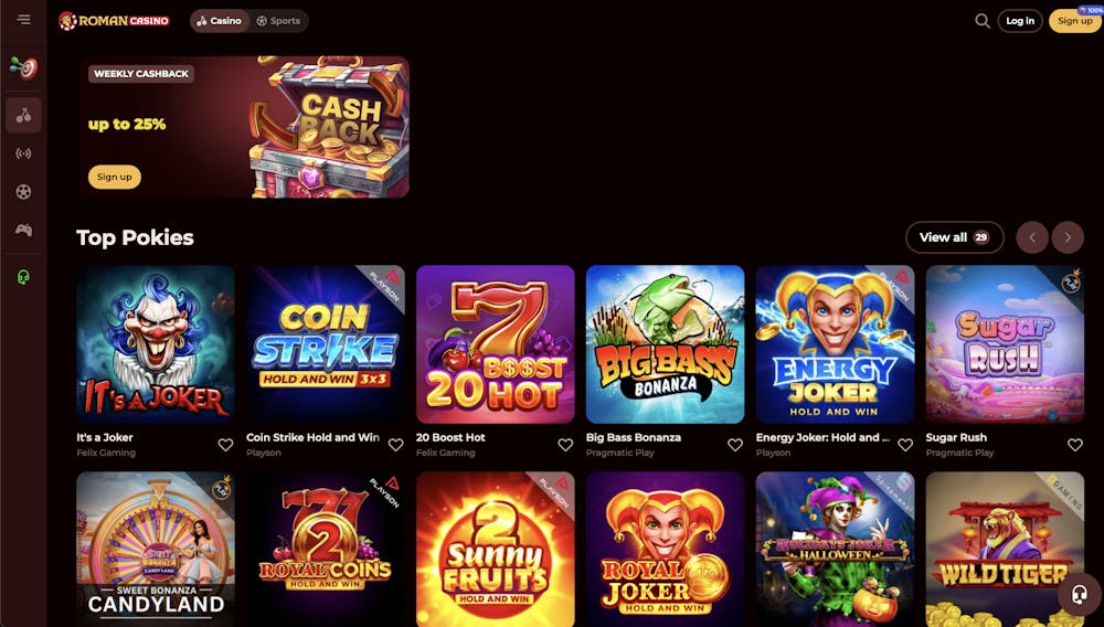 Roman Casino's home page with a welcome bonus of up to $750 + 200 Free Spins, and various categories like casino, live casino, sports, and jackpots available on the site