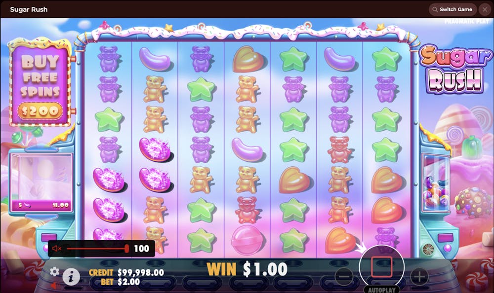 Sugar Rush slot game showing colorful candy symbols, with the 