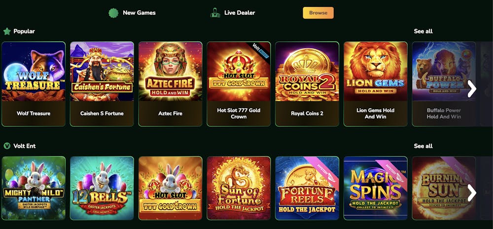 an arrangment of popular casino games available at roo casino, with wolf treasure and lion gems featured