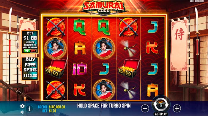 Samurai Code pokie in play, showing a 5-reel grid with symbols like crossed swords, a geisha portrait, gold treasure chests, and traditional card values, set against a Japanese dojo backdrop with swords and scrolls on display.