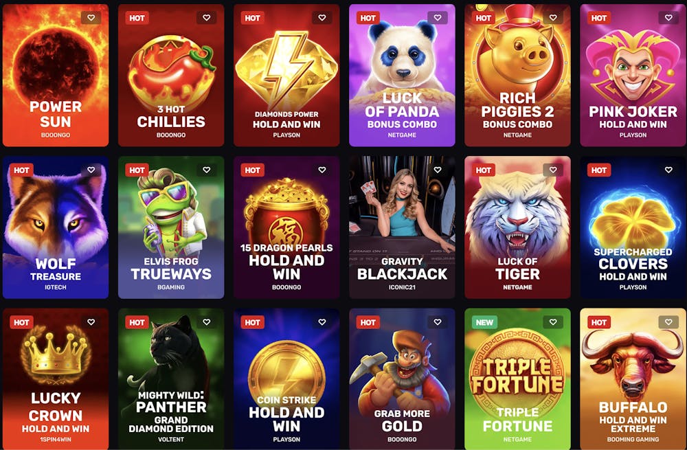A vibrant grid of popular online slot game icons at Skycrown Casino featuring titles like Power Sun, 3 Hot Chillies, Diamonds Power Hold and Win, Luck of Panda, Rich Piggies 2, Pink Joker, Wolf Treasure, Elvis Frog Trueways, 15 Dragon Pearls Hold and Win, Gravity Blackjack, Luck of Tiger, Supercharged Clovers, Lucky Crown Hold and Win, Mighty Wild Panther Grand Diamond Edition, Coin Strike Hold and Win, Grab More Gold, Triple Fortune, and Buffalo Hold and Win Extreme. Each game tile includes the game provider name such as Booongo, Playson, NetGame, BGaming, and more, with tags like 'Hot' and 'New' highlighting popular and new games.