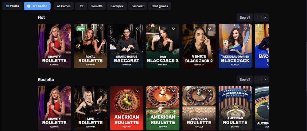 Skycrown Casino live dealer games interface showcasing a horizontal row of hot live casino games including Gravity Roulette, Royal Roulette, Grand Bonus Baccarat, Bar Blackjack 3, Venice Blackjack 2, and Take Deal or Risk Blackjack. Below are popular roulette game thumbnails featuring American Roulette variants from providers like Iconic21, Belatra, Betsoft, and BGaming. The interface includes game category filters for Pokies, Live Casino, Hot, Roulette, Blackjack, Baccarat, and Card games.
