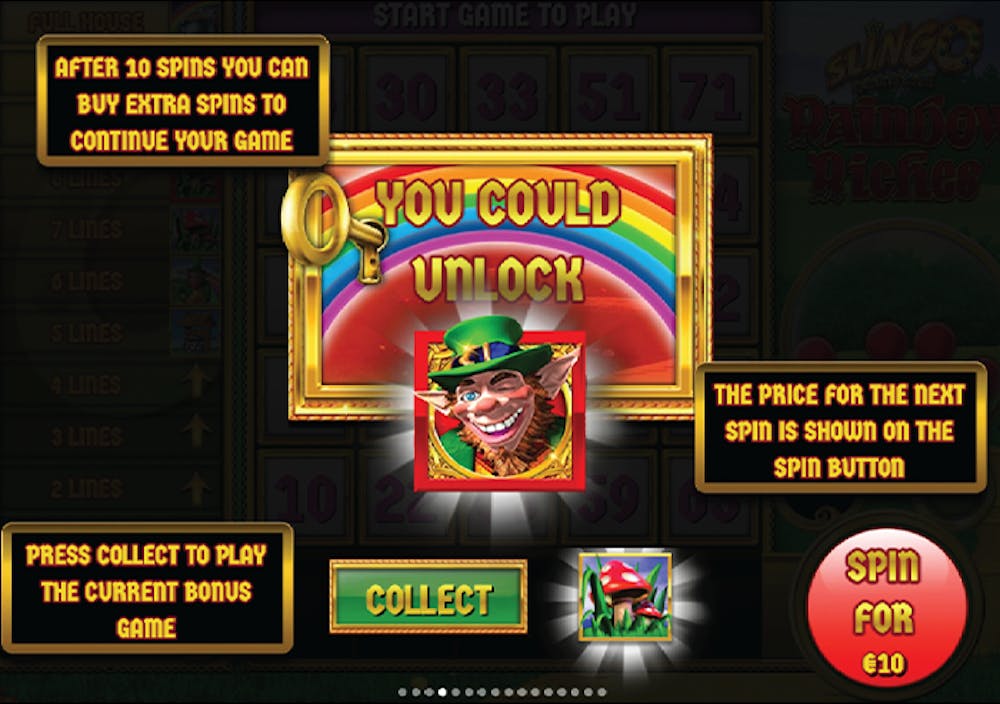 Slingo gaming grid indicating how you can purchase more spins to continue playing