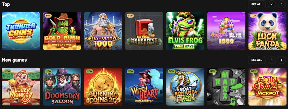 game section of Slot Mafia, showcasing top games like 