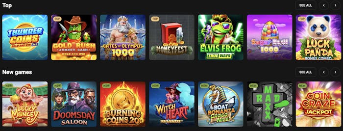 game section of Slot Mafia, showcasing top games like 