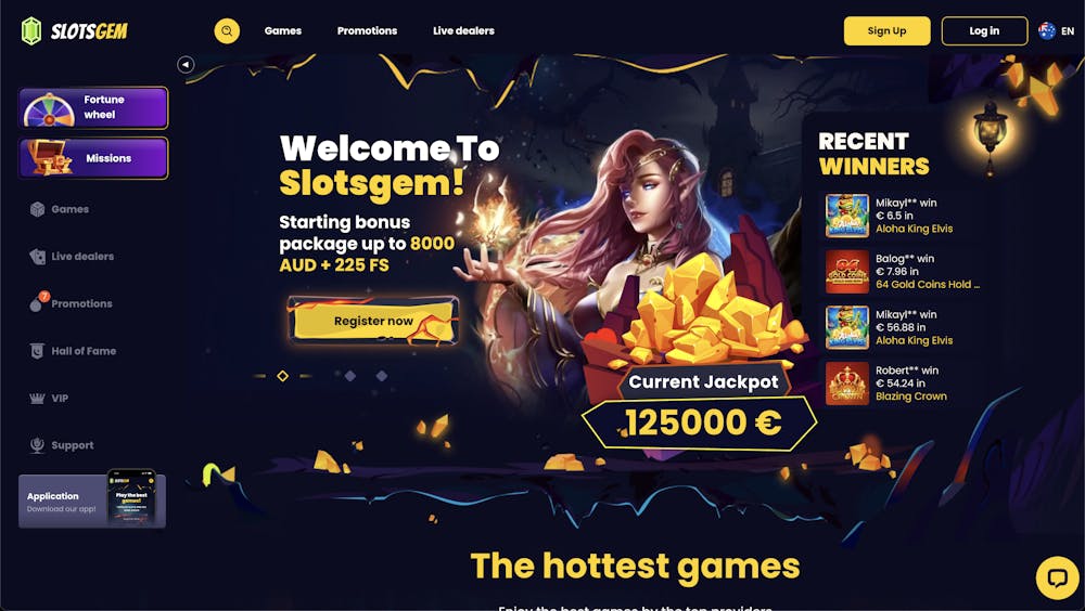Homepage of SlotsGem Casino featuring a mystical theme with a female character casting a spell, displaying a current jackpot of €125,000 and promotional text for a starting bonus package up to 8,000 AUD and 225 free spins.