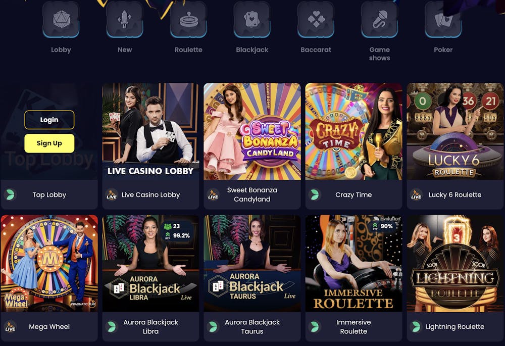 SlotsGem's live casino game lobby showing various live dealer games such as 'Sweet Bonanza Candyland,' 'Mega Wheel,' and 'Immersive Roulette'.