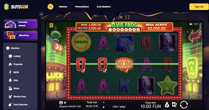 'Elvis Frog in Vegas' slot game with the 'Q' symbol and a win of 10.00 FUN, displaying the casino’s interface with a mini jackpot of 1,500.00