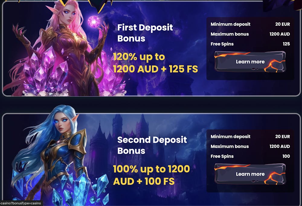 Promotions section of SlotsGem Casino showcasing first and second deposit bonus offers, including 120% up to 1200 AUD + 125 free spins and 100% up to 1200 AUD + 100 free spins, along with a minimum deposit of 20 EUR.
