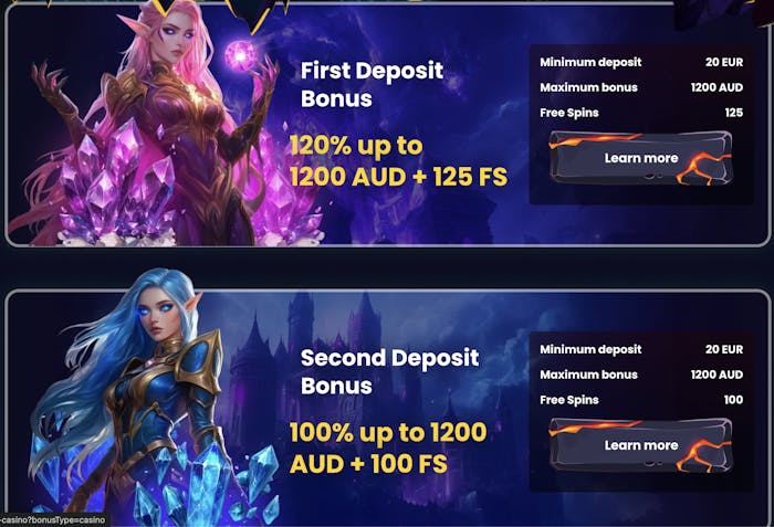 Promotions section of SlotsGem Casino showcasing first and second deposit bonus offers, including 120% up to 1200 AUD + 125 free spins and 100% up to 1200 AUD + 100 free spins, along with a minimum deposit of 20 EUR.
