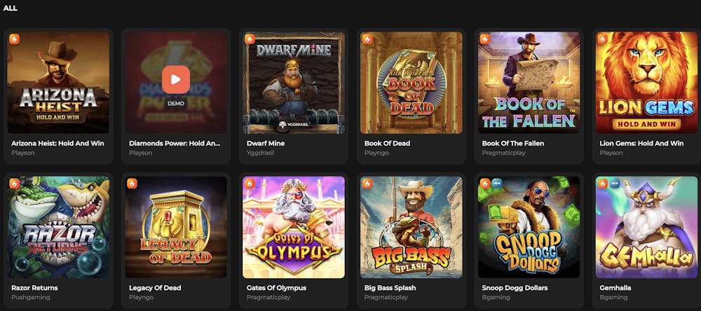 A variety of slot games at Spades Queen, including Arizona Heist: Hold And Win, Diamonds Power: Hold And Win, Dwarf Mine, Book Of Dead, Book Of The Fallen, Lion Gems: Hold And Win, Razor Returns, Legacy of Dead, Gates Of Olympus, and Big Bass Splash.