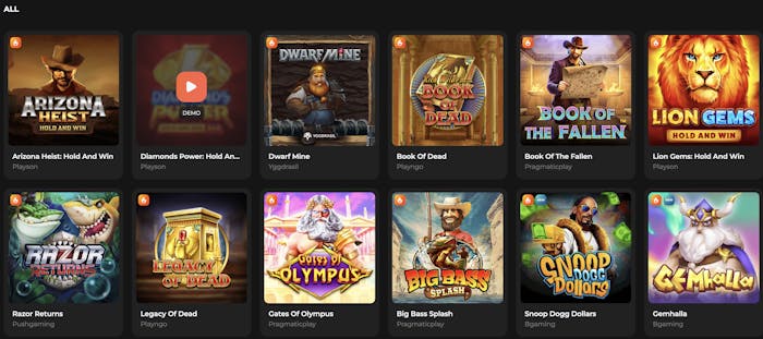 A variety of slot games at Spades Queen, including Arizona Heist: Hold And Win, Diamonds Power: Hold And Win, Dwarf Mine, Book Of Dead, Book Of The Fallen, Lion Gems: Hold And Win, Razor Returns, Legacy of Dead, Gates Of Olympus, and Big Bass Splash.
