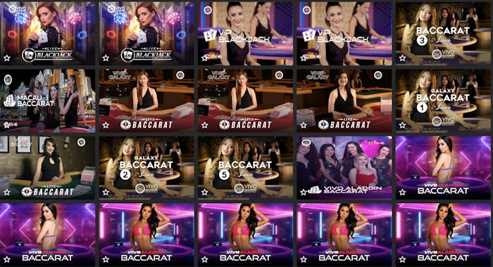 Spicy Jackpots live casino section showcasing games like live blackjack, VIP blackjack, and multiple baccarat tables with engaging, themed visuals.