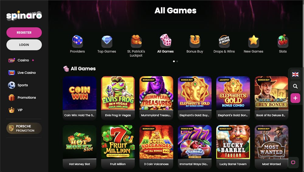 A variety of slot games offered at Spinaro Casino, featuring titles like Coin Win, Elvis Frog in Vegas, Mummyland Treasures, and Elephant's Gold: Buy Bonus Combo, along with a selection of bonus buy options and jackpot games.