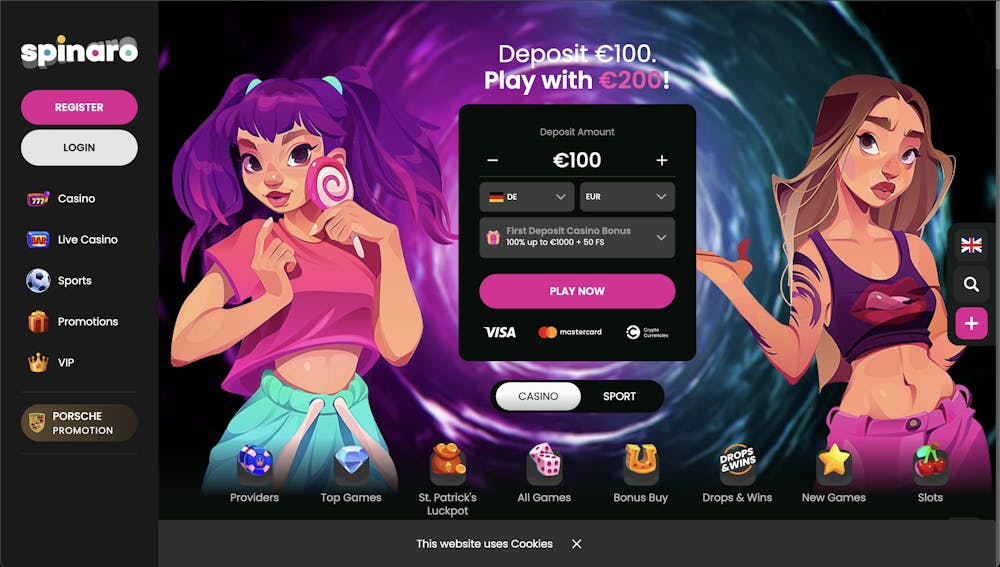 Spinaro Casino's home page, showcasing the casino’s interface with a promotional offer for the first deposit bonus (100% up to €100 + 50 free spins), easy access to casino, live casino, sports, and promotions categories, along with the registration and login buttons