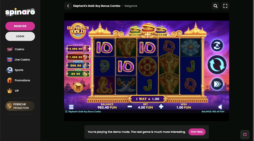 Elephant's Gold: Buy Bonus Combo' slot game, showing a winning combination of symbols, including golden elephants, and a $25 tumble win. The bonus feature is highlighted with prize amounts displayed on the left side of the screen, and the player is in demo mode with a bet of $4.00.
