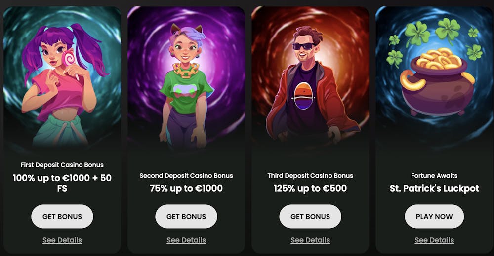 Screenshot of Spinaro Casino's home page, showcasing the casino’s interface with a promotional offer for the first deposit bonus (100% up to €100 + 50 free spins), easy access to casino, live casino, sports, and promotions categories, along with the registration and login buttons.