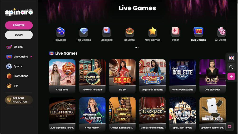 Live casino games available at Spinaro Casino, including Crazy Time, PowerUP Roulette, Sic Bo, and Vegas Ball Bonanza, with additional game options such as Lightning Roulette, Mega Roulette, and Blackjack displayed in thumbnail previews.