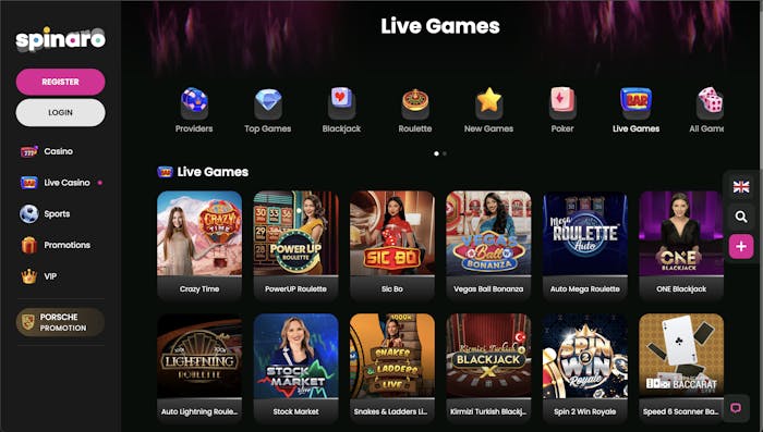 Live casino games available at Spinaro Casino, including Crazy Time, PowerUP Roulette, Sic Bo, and Vegas Ball Bonanza, with additional game options such as Lightning Roulette, Mega Roulette, and Blackjack displayed in thumbnail previews.