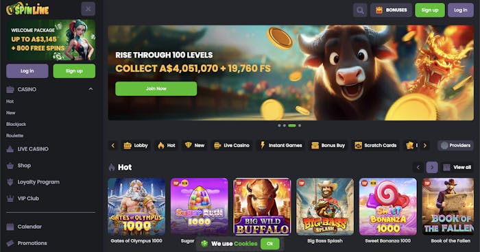 The homepage of Spinline Casino, featuring a welcome offer of up to A$3,145 with 800 free spins. A large banner at the top highlights a rewards program with over A$4 million in prize pools. The page layout includes a navigation menu, game categories, and a display of hot games.