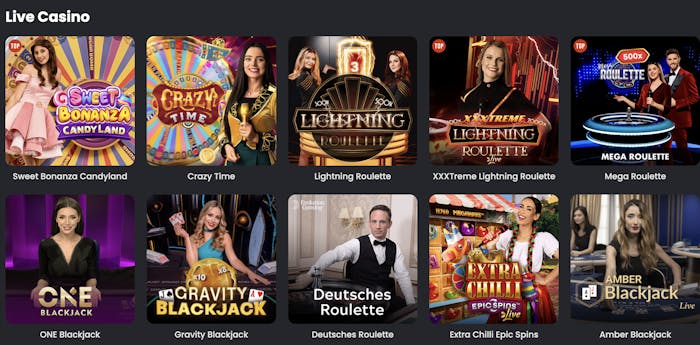 A selection of live dealer games at Spinline Casino, including 