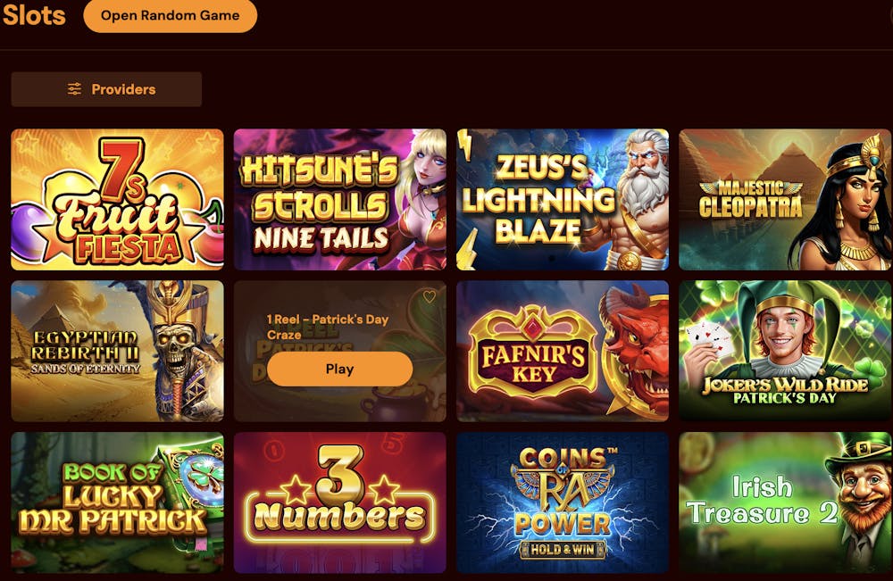 Casino game selection screen showing various pokies such as '7's Fruit Fiesta,' 'Hitsune's Scrolls Nine Tails,' 'Zeus's Lightning Blaze,' 'Majestic Cleopatra,' and others.