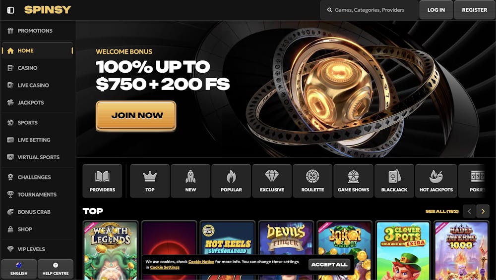 Spinsy Casino displaying the 100% welcome bonus up to $750 and 200 free spins offer, along with top slot games like Wealth of Legends and Hot Reels Supercharged.