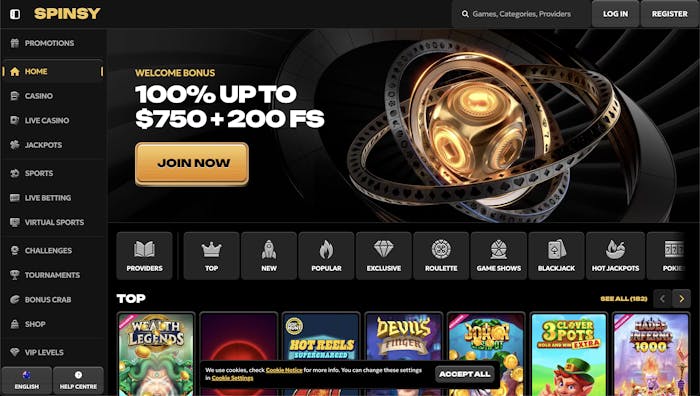Spinsy Casino displaying the 100% welcome bonus up to $750 and 200 free spins offer, along with top slot games like Wealth of Legends and Hot Reels Supercharged.