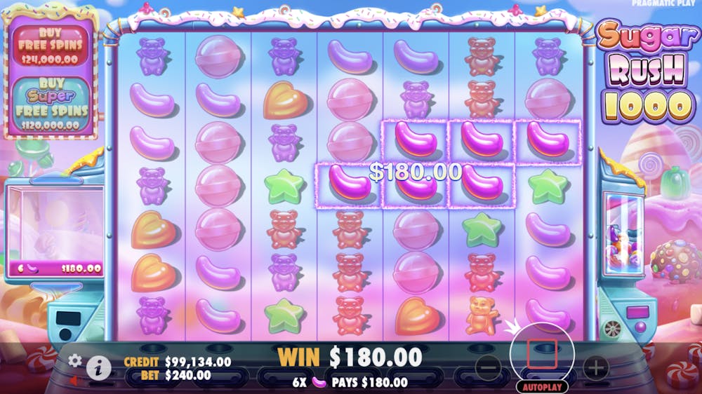 showcasing the Sugar Rush 1000 slot gameplay, with a $180 win highlighted, featuring symbols like hearts, stars, and bears on the reels