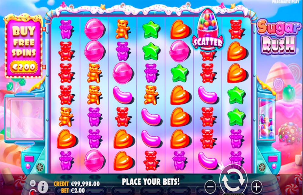 sugar rush slot gameplay with scatter symbol displayed