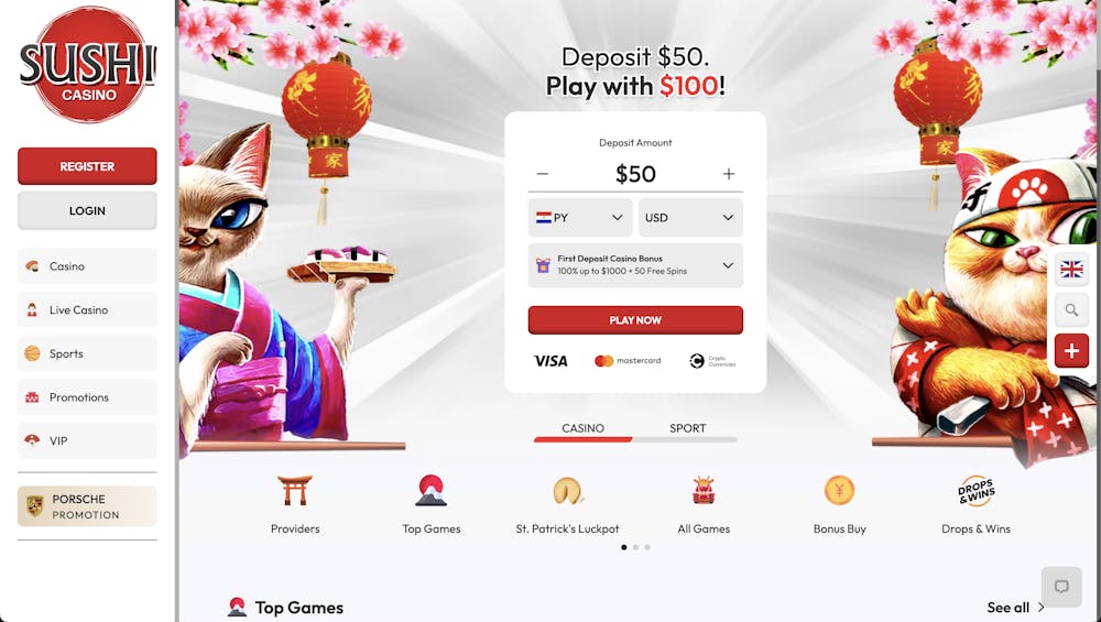 Sushi Casino’s homepage showing a promotional offer: Deposit $50 and play with $100, with a vibrant red and gold theme and a cat mascot holding sushi. The page features a registration option, payment methods, and a focus on casino and sport games.