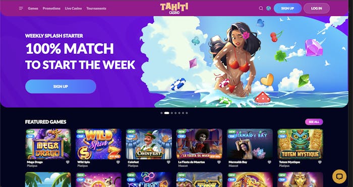 Tahiti Casino homepage featuring a promotional banner for the 