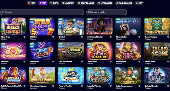 A dark-themed online casino interface showcasing a grid of slot games like Mega Drago, Wild Spin, and Book of Egypt, with 