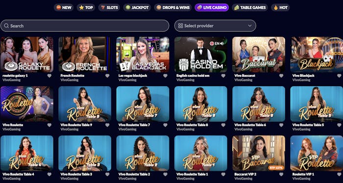 A selection of live casino games displayed in a dark interface, featuring various roulette, blackjack, and baccarat tables hosted by live dealers, with game providers labeled.