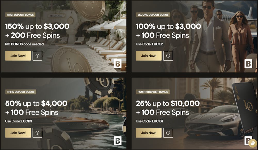 4 stage welcome bonus players receive for signing up at lucky ones casino