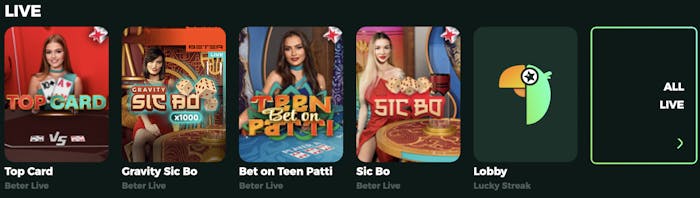 the live casino game selection at all star casino