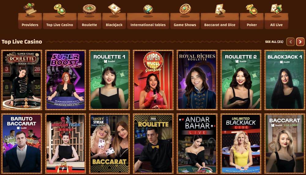 Tiki Casino live casino games section with a variety of live dealer games, including Super Stake Roulette, Super Boost Blackjack, and Royal Riches Roulette. The images show dealers and the respective game titles.