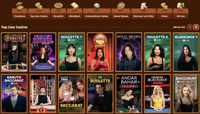 Tiki Casino live casino games section with a variety of live dealer games, including Super Stake Roulette, Super Boost Blackjack, and Royal Riches Roulette. The images show dealers and the respective game titles.