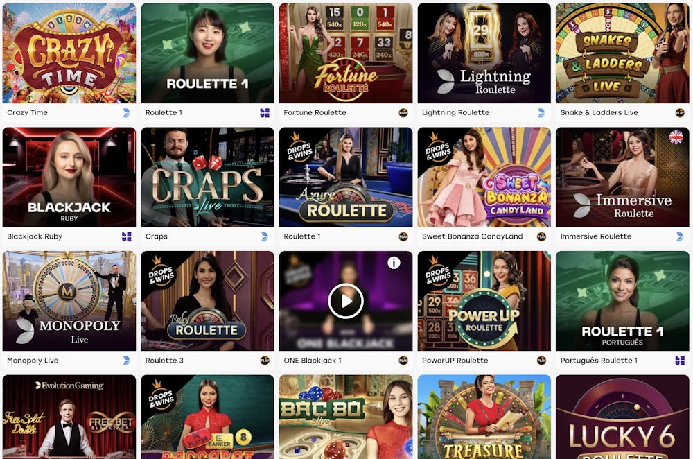 Weiss live casino lobby featuring popular live dealer games like Crazy Time, Blackjack Ruby, Fortune Roulette, and Sweet Bonanza Candyland, with professional hosts and high-quality streaming.