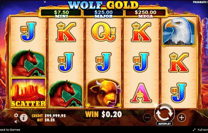 the main wolf gold slot screen, with eagles and scatter symbols