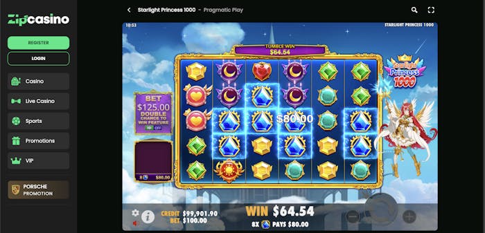 A screenshot of the Starlight Princess 1000 slot game showing a spin with various brightly colored gem symbols like diamonds, moons, hearts, and stars. The player's bet is $125.00, with a win of $64.54 from the combination of symbols. The game also features the 